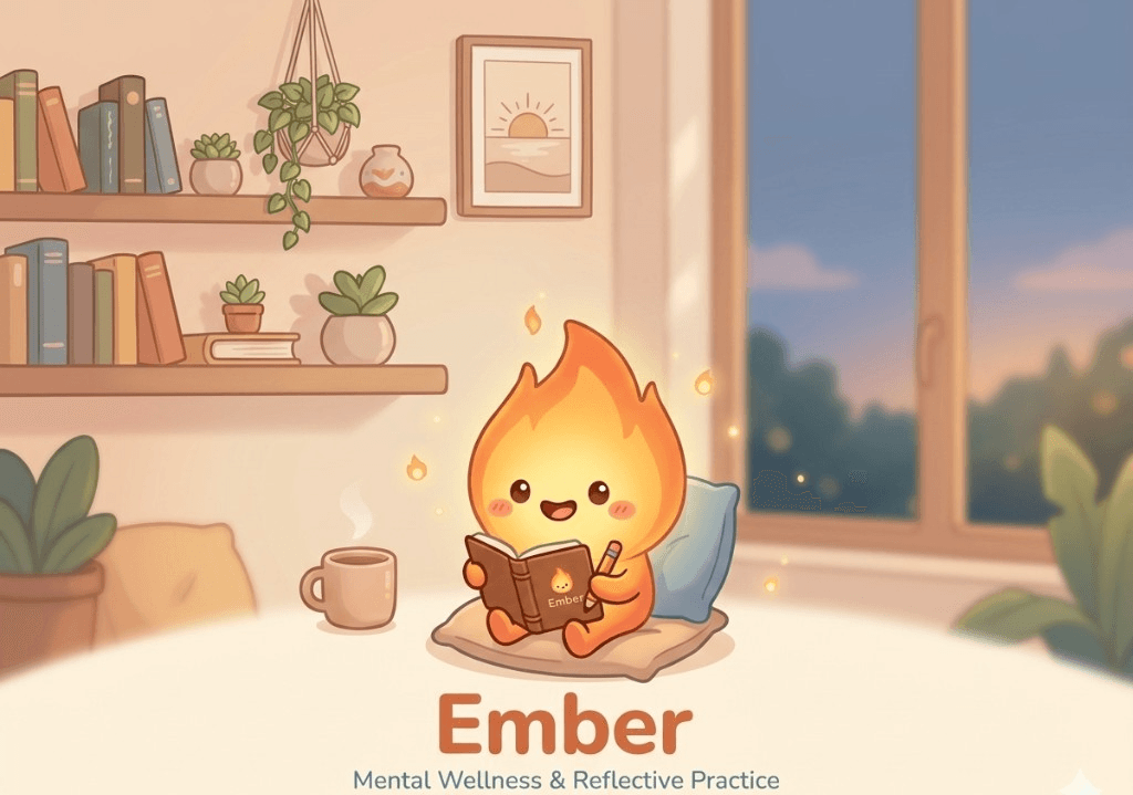 Ember, a friendly flame mascot, reading a journal in a cozy room